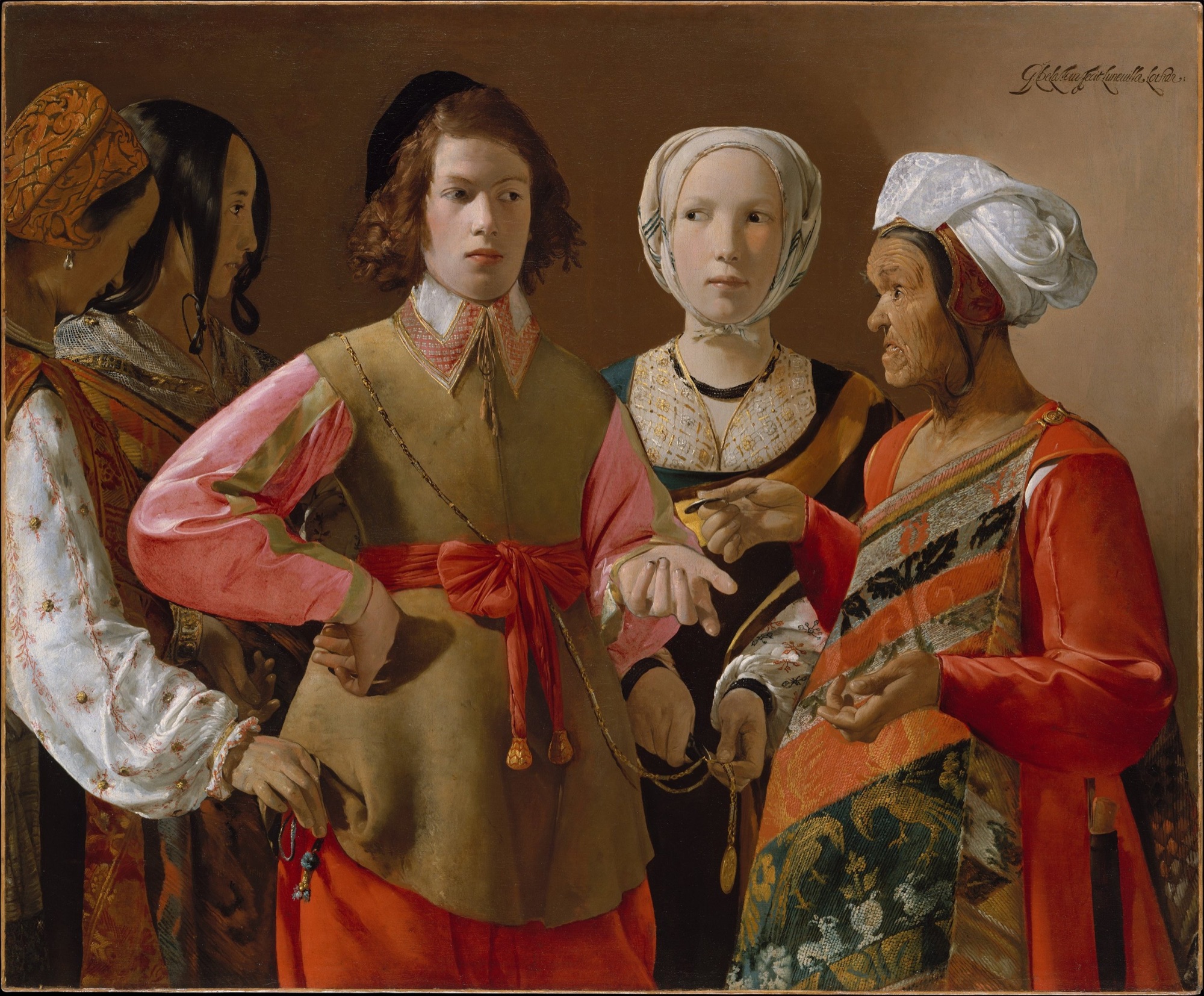 Georges de La Tour, The Fortune Teller: a young man has his palm read while accomplices pick his pockets