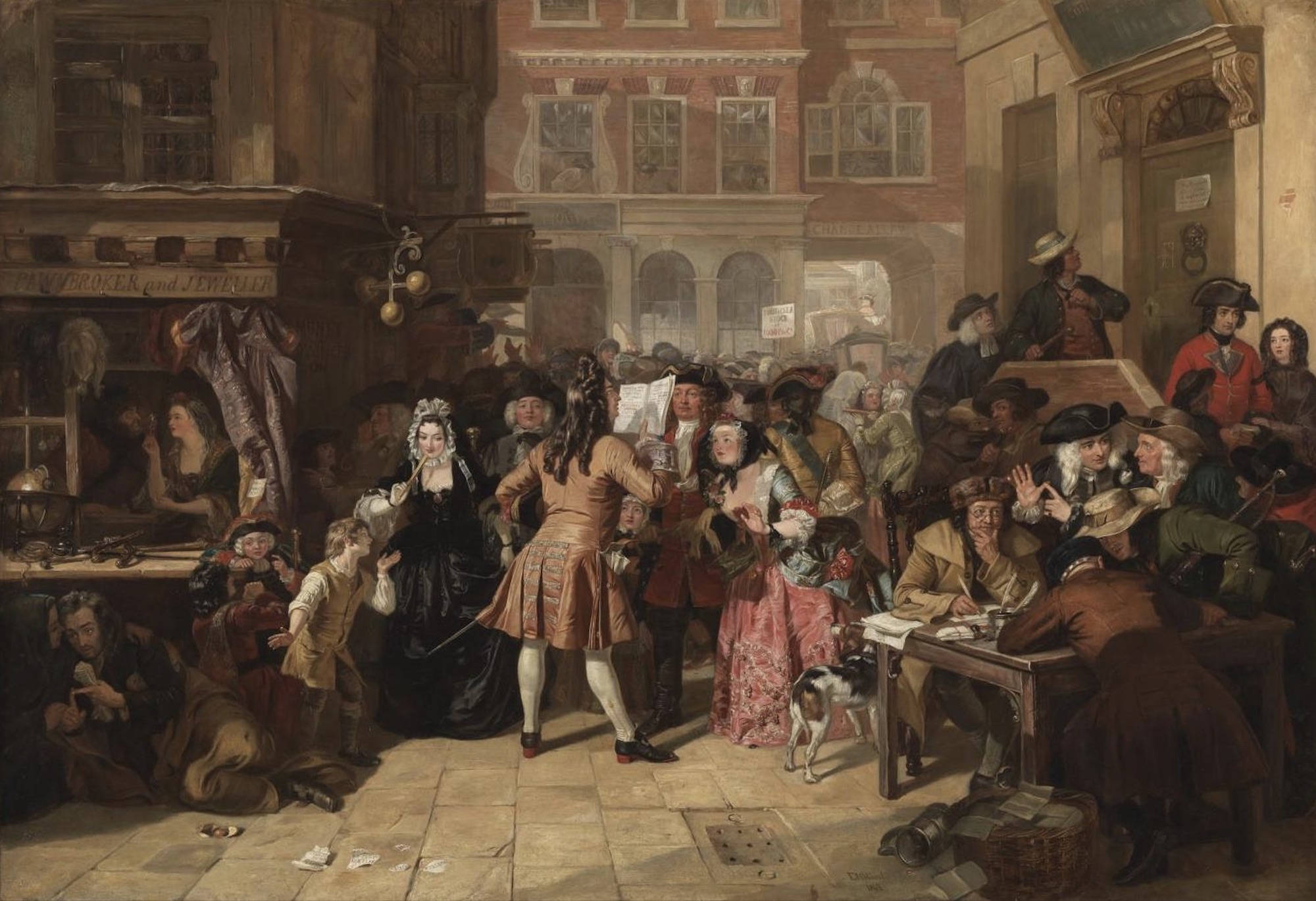 Painting of a crowded, chaotic scene of investors during the South Sea Bubble of 1720